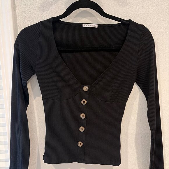 Reformation Black Ribbed Button Front Long Sleeve Top Women’s XS Perfect NWOT - Picture 2 of 4